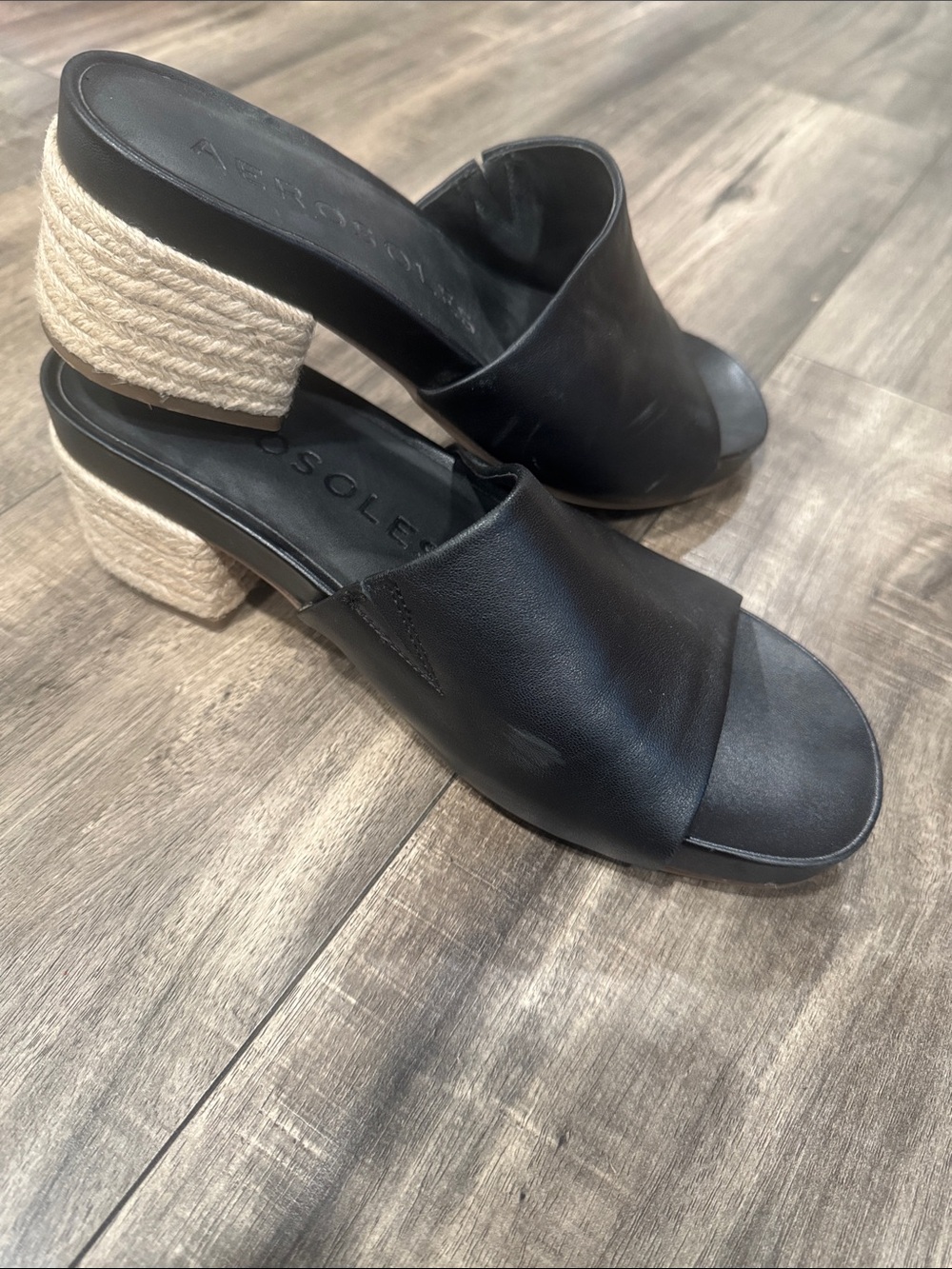 Aerosoles Black Leather Open-Toe Mule with Rope-Wrapped Block Heel